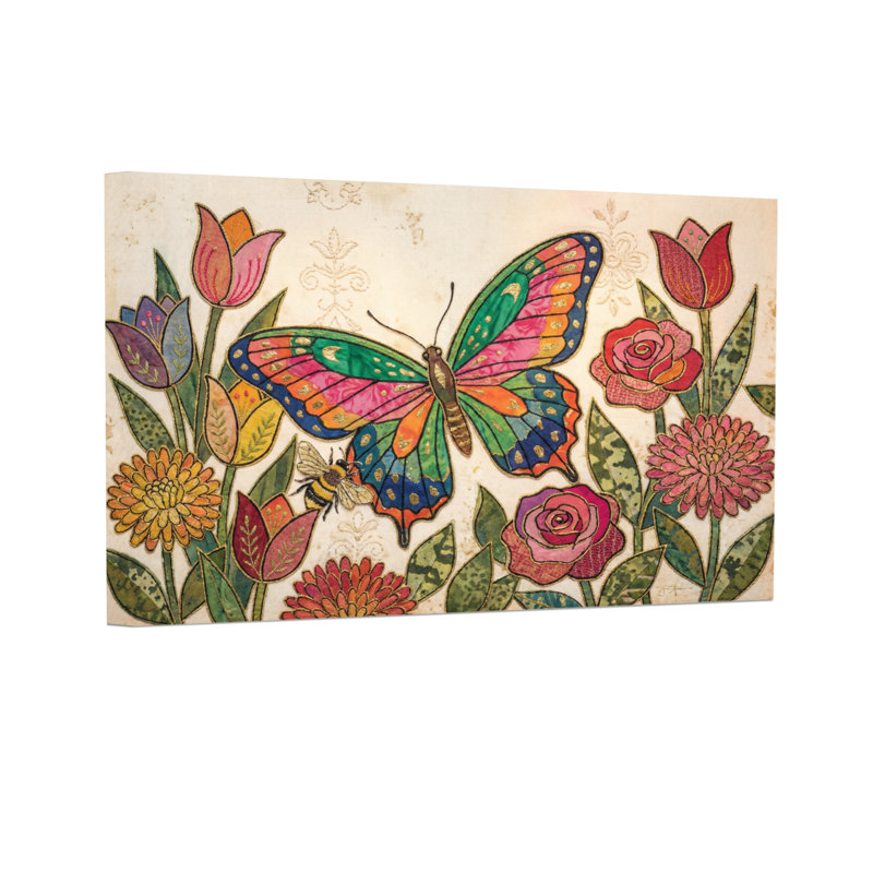 Animaux, papillon coloré parmi des fleurs et des feuilles vibrantes, H 12 po x l 18 po