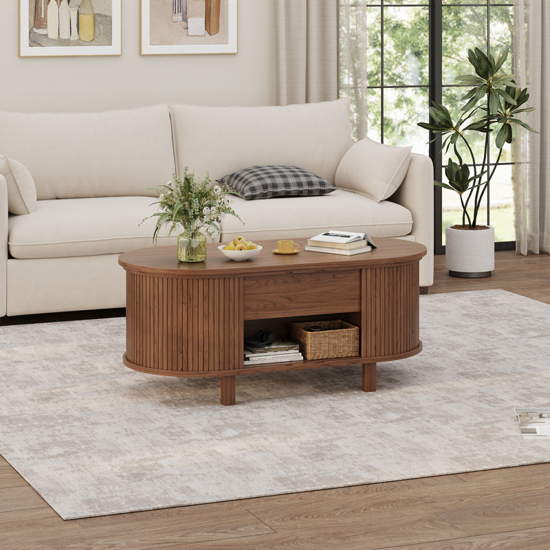43.3'' W Oval Lift Top Coffee Table With Hidden Storage, Fluted Wood Center Table With Storage Compartment And Open Shelf