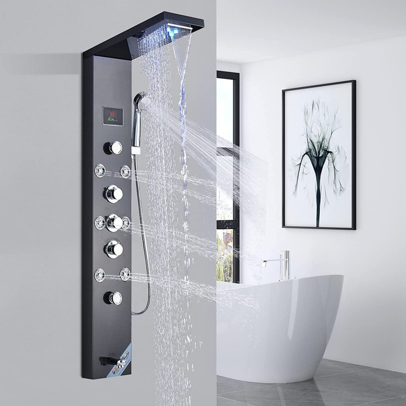 Système de tour de douche moderne avec système de tour à 6 fonctions en acier inoxydable, pomme de douche à pluie à jets de pluie + douchette à main + jets de massage à pluie + bec de baignoire, nickel brossé