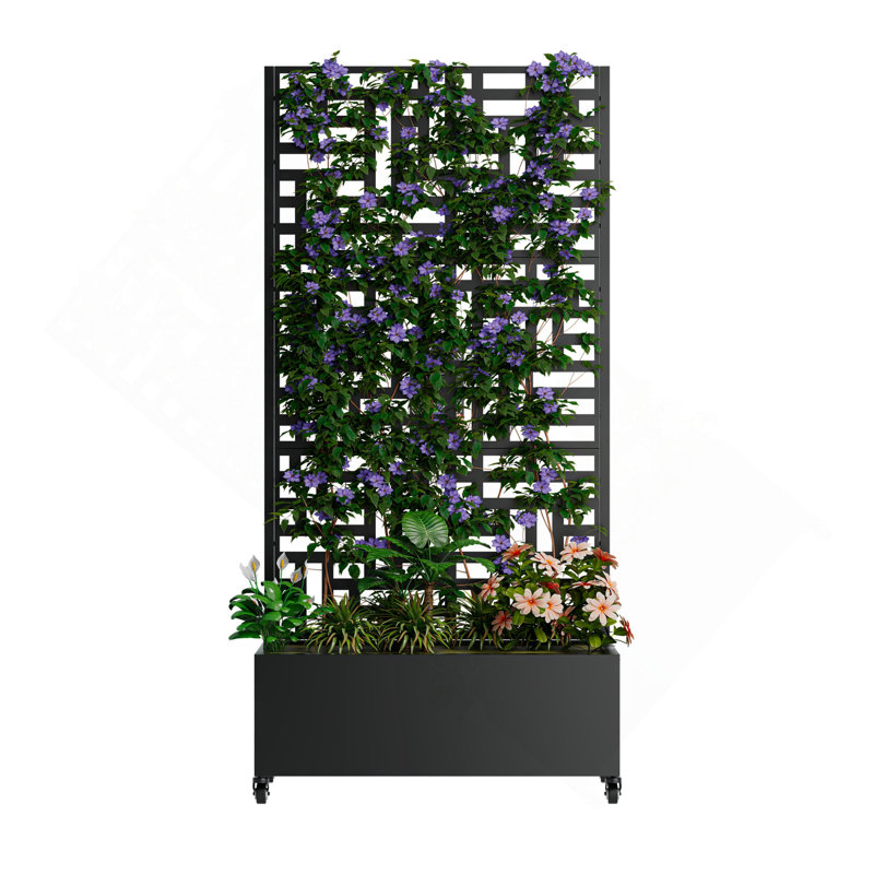 Metal Planter Box with Trellis, 73"x35"x16 Metal Raised Garden Bed with Trellis, Metal Planter Box with Drainage Holes & Lockable Wheels & Privacy Screen for Climbing Plants, Vegetables, Vines