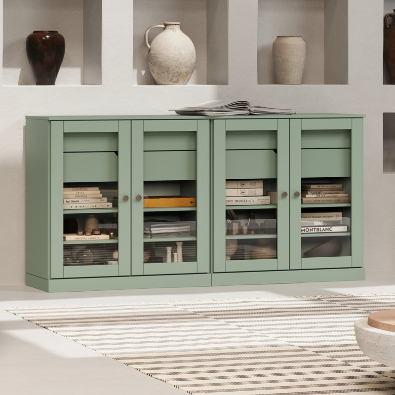 Buffet 100% bois massif 64 po avec portes en verre transparent, 4 tiroirs et tablettes réglables, Vert