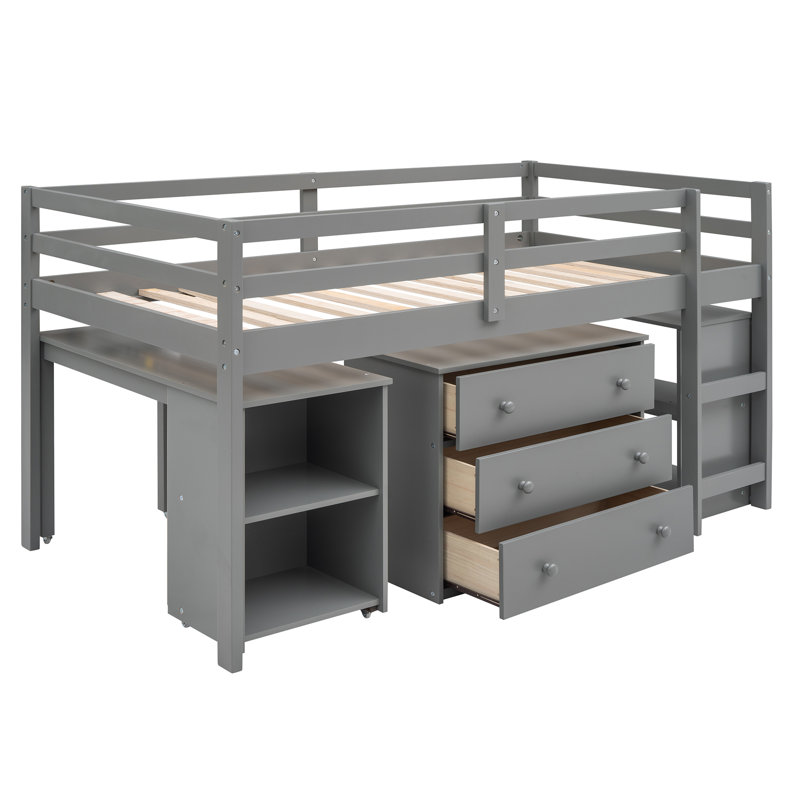 Lit mezzanine polyvalent en bois massif avec espace de travail tout-en-un