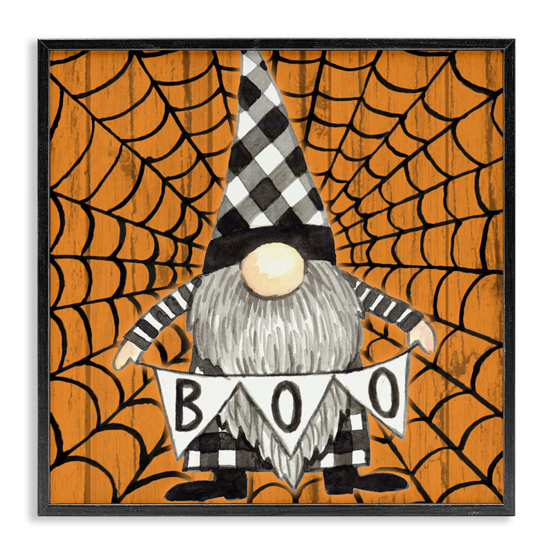Gnome d'Halloween rustique, art de la giclée encadrée par Elena Vladykina, H 12 po x l 12 po, Giclée encadrée noir minuit