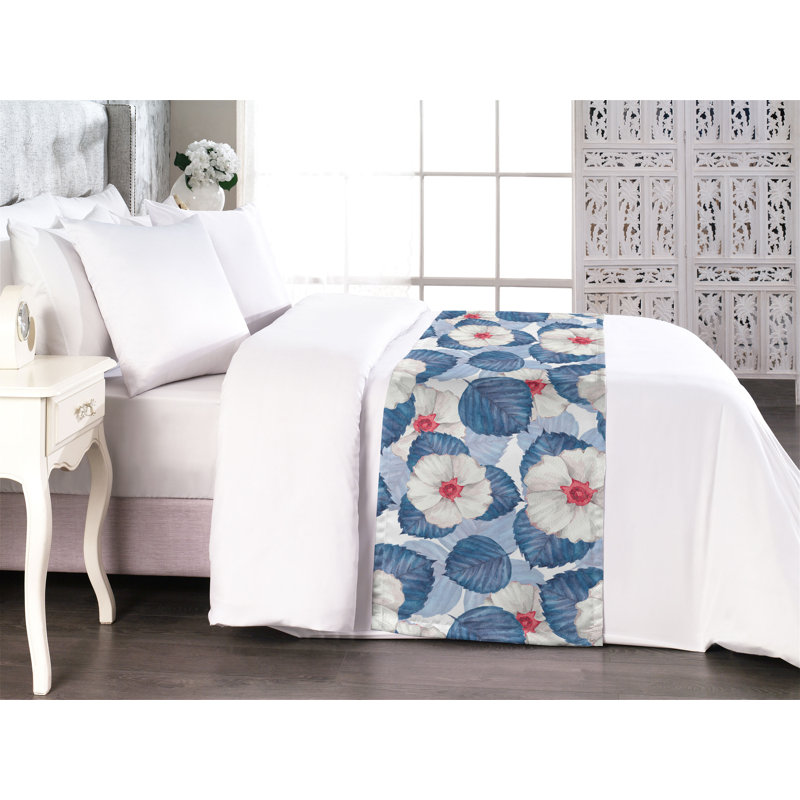 Ambesonne Spring Floral Bed Scarf Runner Art Botanical Flowers Sea Blue Eggshell, King