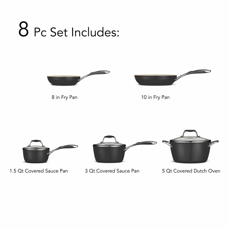 Batterie de cuisine de luxe 8 pièces avec couvercles, casseroles et poêles antiadhésives en céramique, allant au four, noir métallique