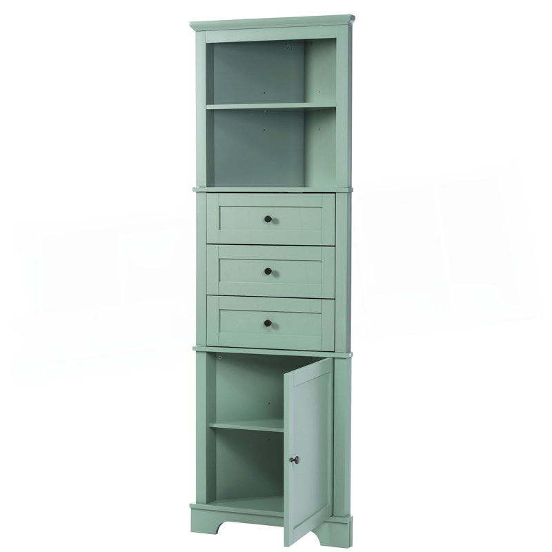 Triangle Tall Cabinet With 3 Drawers And Adjustable Shelves For Bathroom, Kitchen Or Living Room, Green