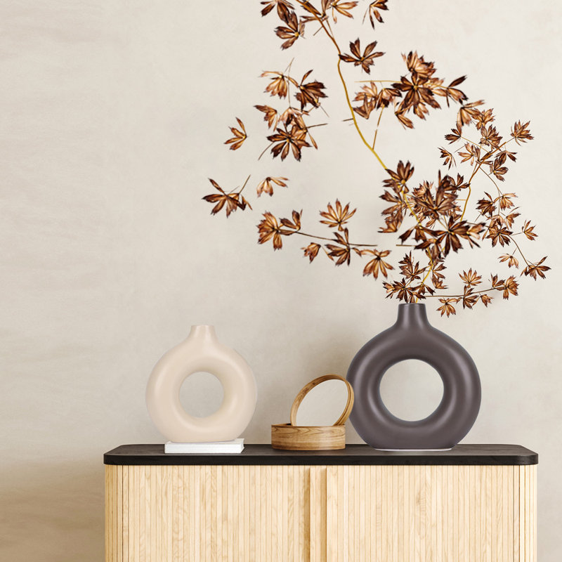 Vase à fleurs, vase à fleurs, vase en céramique pour la décoration intérieure, ensemble de 2, Brun/crème