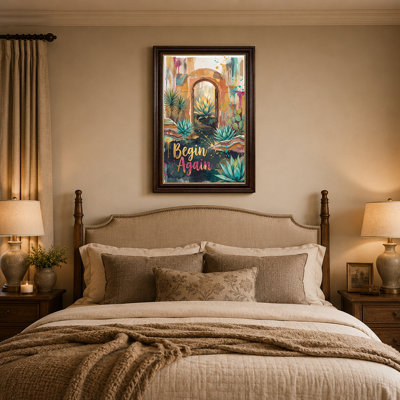 Teal Agave Cactus In Stone Archway With Pink Gold Script Canvas Wall Art
