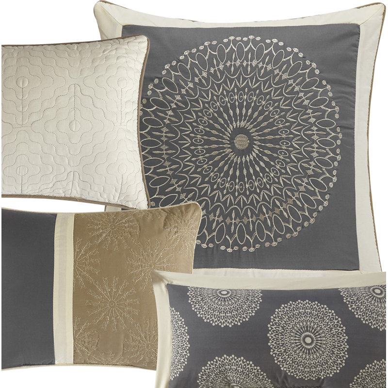 Angellyna 10 Piece Medallion Print Comforter Set, Queen, Gray/Tan/Cream