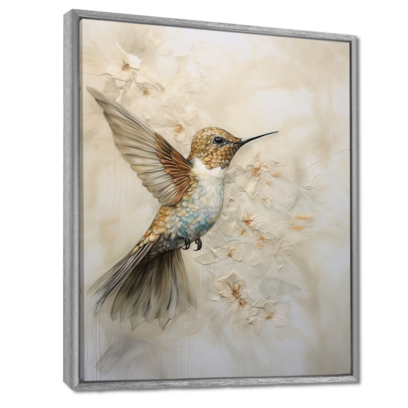 Colibri floral flottant III - Art mural colibri pour le salon, 32" H x 16" W, Encadrement argenté