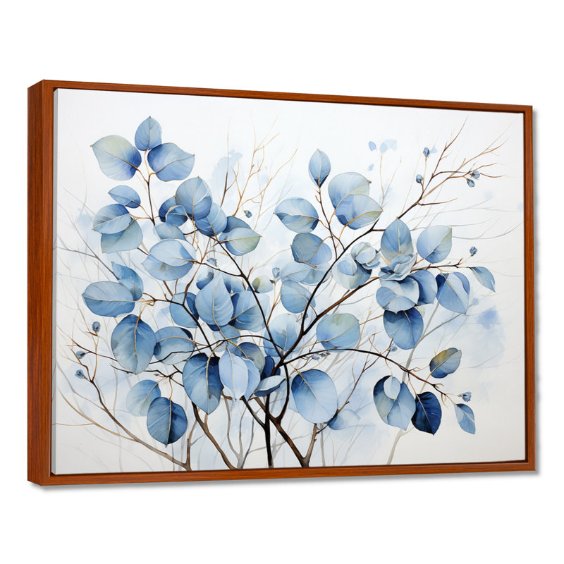 Art mural bleu et gris avec feuilles sur une branche III - feuilles, H 24 po x l 32 po x P 1 po, Cadre flottant brun