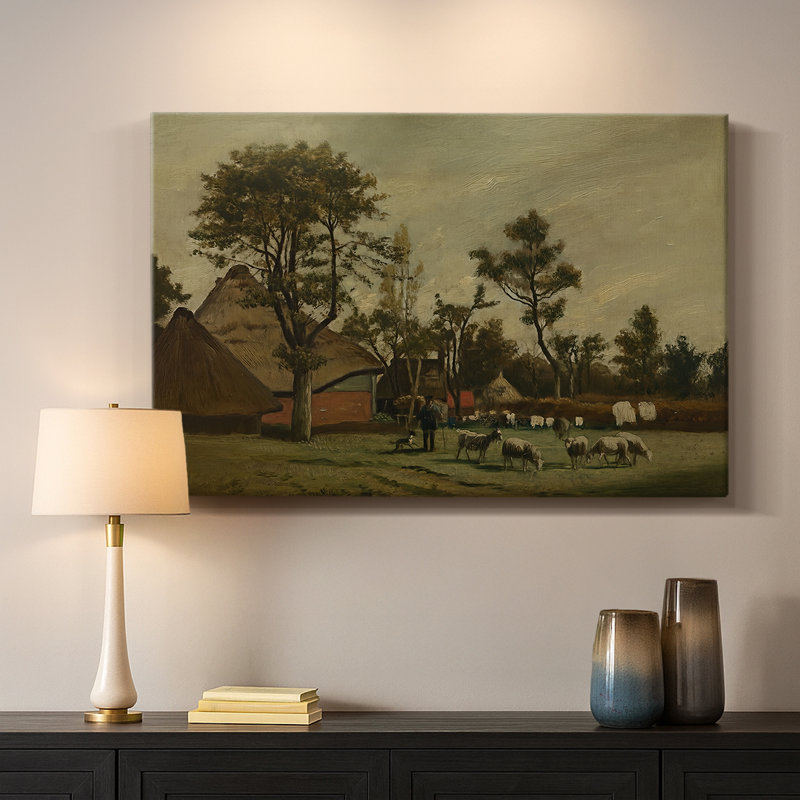 Paysage avec une volée de moutons-Henri de Braekeleer-Toile tendue avec châssis-c. Fin du 19e siècle, 24 po x 36 po