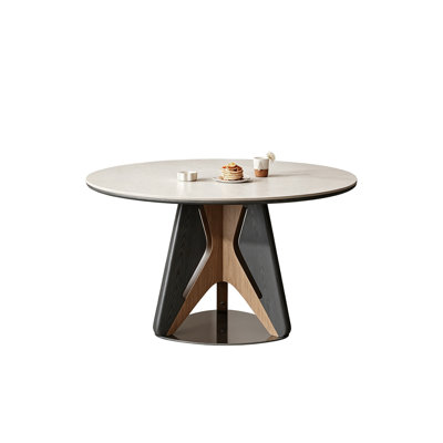 51.18" Mid-Century Modern Round Sintered Stone Dining Table with Two-Tone Solid Wood Base
