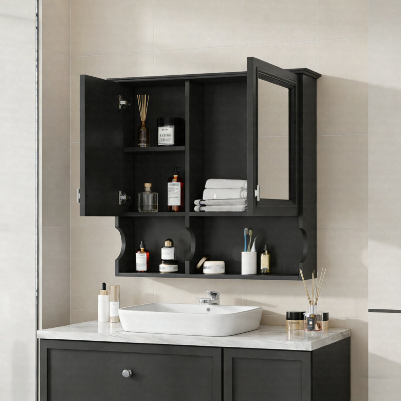 Armoire de toilette murale à miroir de 30 pouces avec tablettes ouvertes, tablette réglable et rangement dissimulé, rangement au-dessus de la toilette