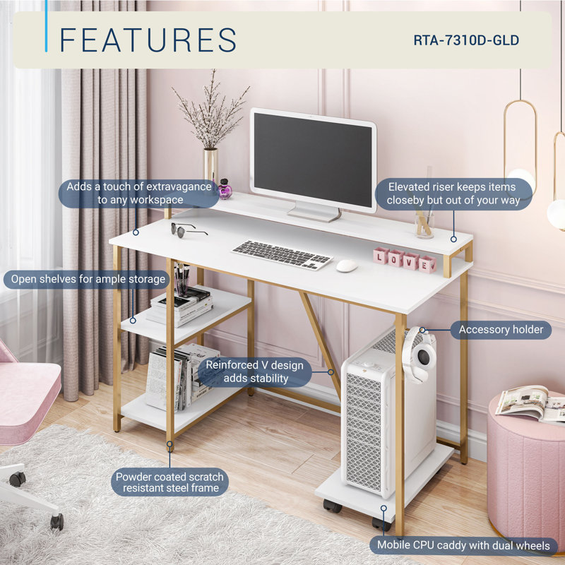 Steel Writing Desk, White/Gold