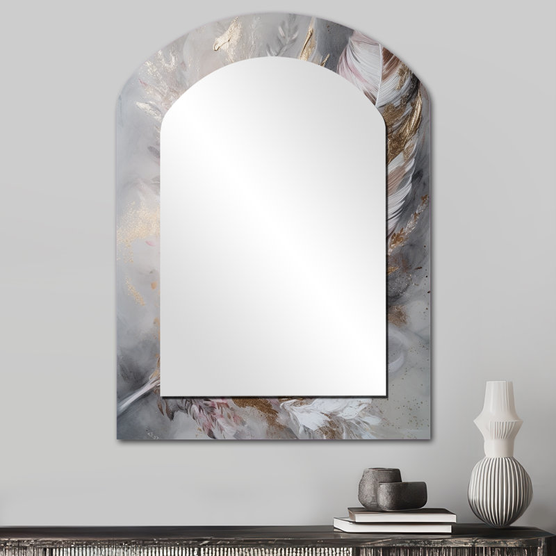 Pink Feather Boho Majesty I - Glam Feather Asymmetrical Unique Mirror, Pink Arch Large Wall Mirror, Printed Metal Art