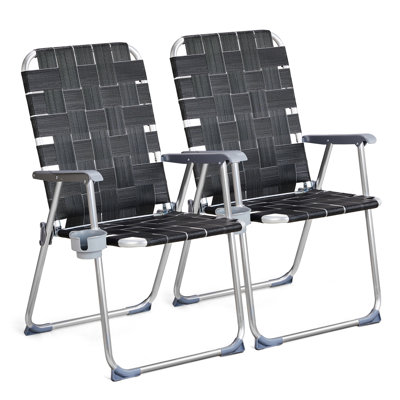 Black Aluminum Folding Beach Chair With Cup Holder (Set Of 2)