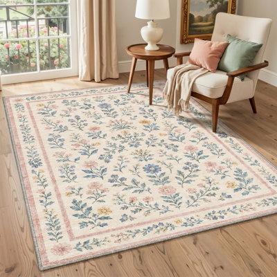 Tapis floral ivoire / bleu lavable à la machine avec envers antidérapant