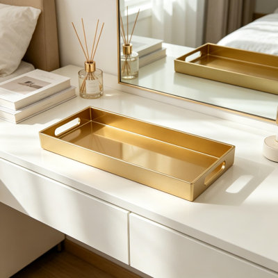 Plateau de coiffeuse en plastique doré avec poignées, petit plateau de rangement décoratif pour comptoir de salle de bain, rangement de bureau de salon et de chambre à coucher, 13,7 po x 5,9 po x 1,37 po
