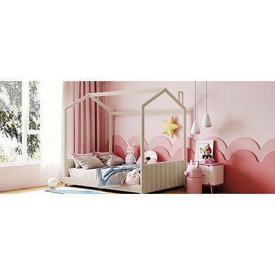 Lit en bois pour lit double en velours, beige