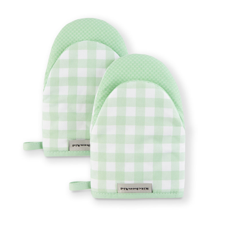 KitchenAid Gingham 2-Piece Oven Mitt, 5.5""W x 8""L, Milkshake