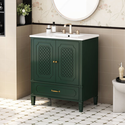 Meuble-lavabo rétro avec lavabo, rangement et fabrication durable