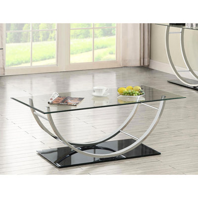 Table basse rectangulaire en U avec surface réfléchissante et conception ergonomique pour les espaces de vie primaires, 24 pouces de profondeur et de style incurvé dans un décor contemporain, hauteur de 18