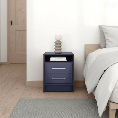 Table de chevet 2 tiroirs, rangement de chambre à coucher moderne avec une tablette de rangement ouverte