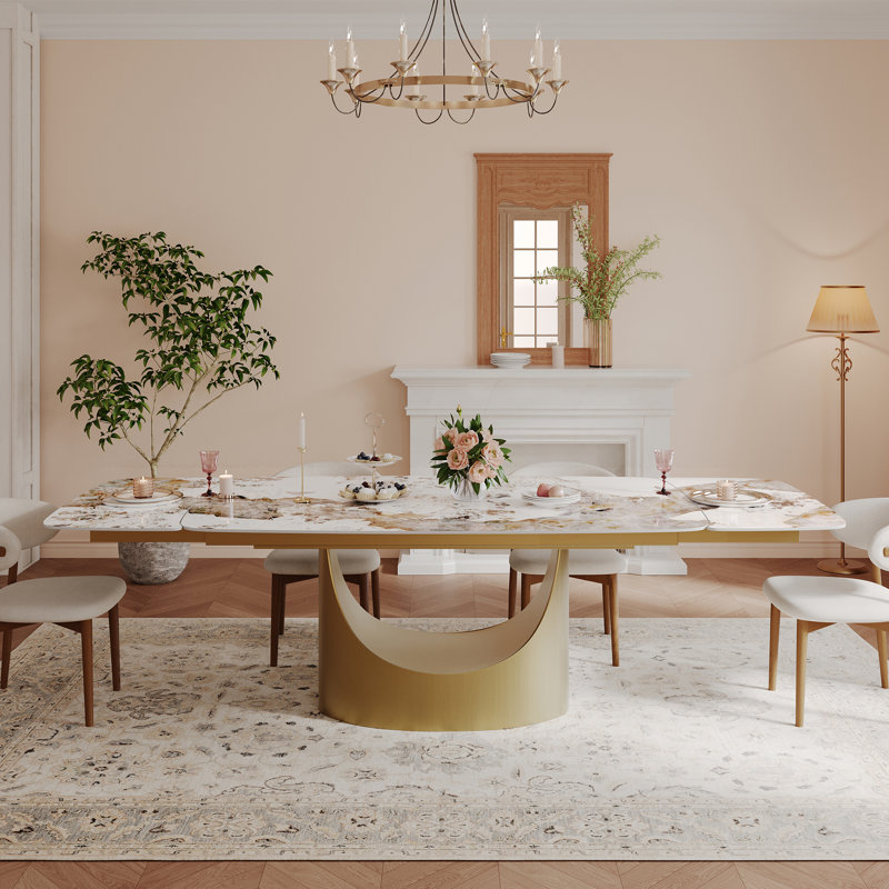 63''-94.5'' Extendable Dining Room Table 4-8, Rectangular Glossy White Sintered Stone Tabletop for Dining Room, Carbon Steel Pedestal
