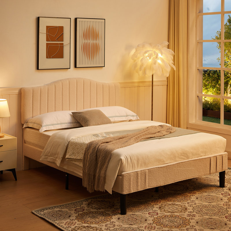 Double Size Upholstered Bed Frame, Platform Bed With Adjustable Teddy Fabric Headboard, Wood Slat Support, No Box Spring Needed, Beige