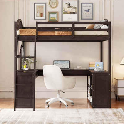 Lit mezzanine double en bois avec bureau en U, compartiments de rangement et miroir à trois volets