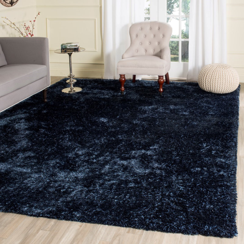 Tapis bleu marine à poils longs Chamiyah , Rectangle 8 pi x 10 pi