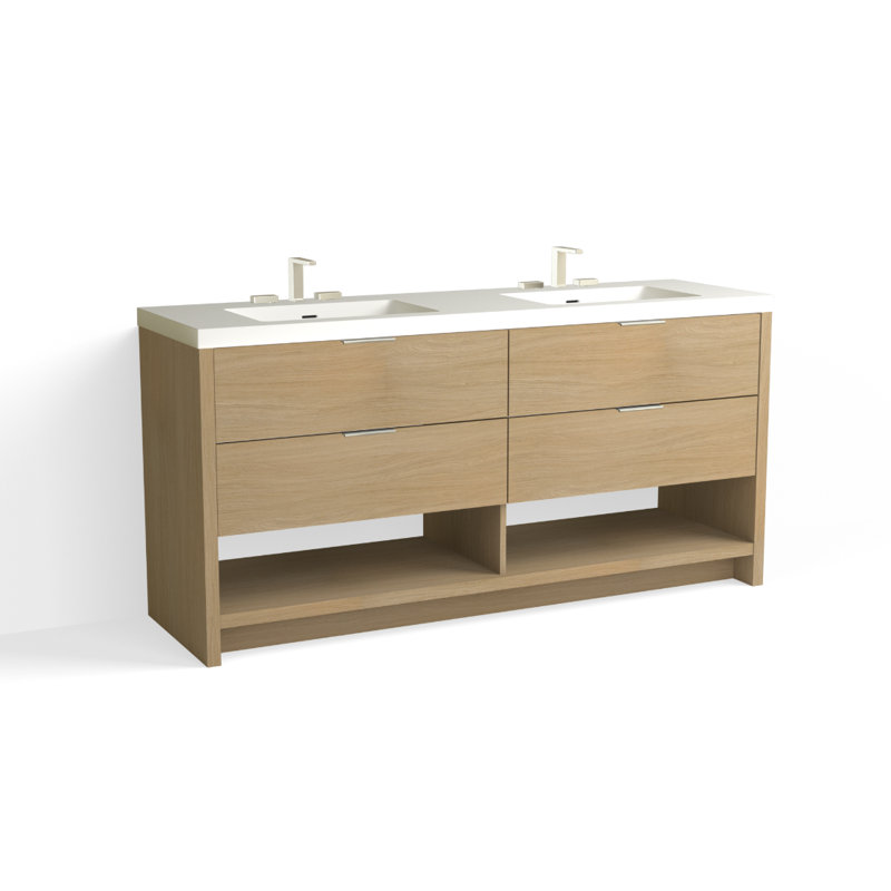 Vue 72" W Freestanding Double Bathroom Vanity, Biondo, Matte White/8" Widespread, Polished Nickel