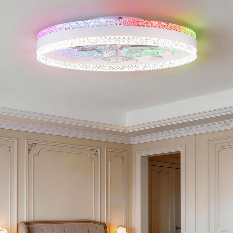 Télécommande de rétroéclairage du ventilateur de plafond en cristal RVB, lumière blanche avant 3CT, moteur CC réversible à 6 vitesses, chambre / salon