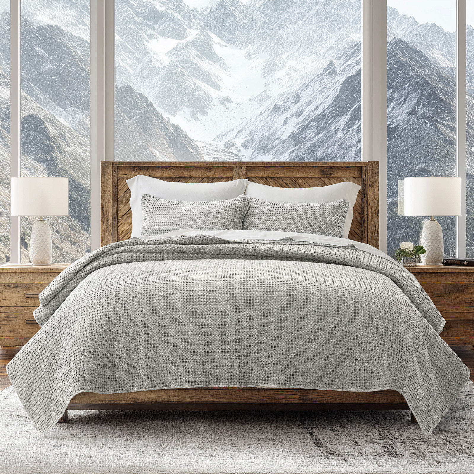 Waffle Cotton Quilt Set, Queen Quilt + 2 Standard Shams, Misty Gray