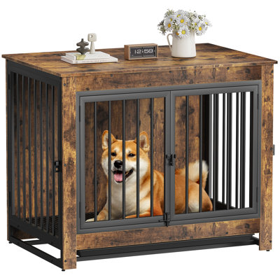  Mobilier de cage pour chien, chenil d'intérieur pour chien de 38 pouces jusqu'à 50 lb, table de bout en bois robuste avec 3 portes, structure en acier allié et plateau amovible, brun rustique