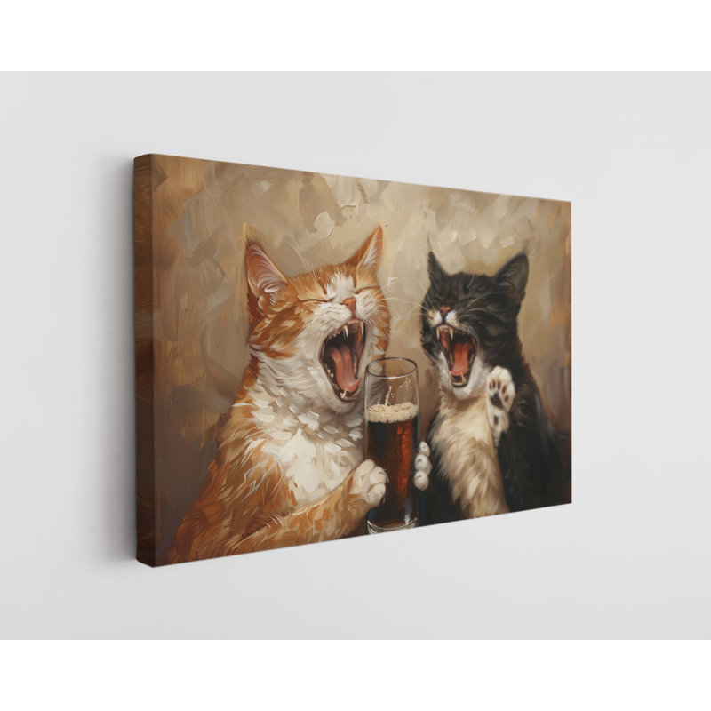 Deux chats avec bière, impression sur toile, décoration murale moderne pour la maison et le bureau, H 16 po x l 24 po