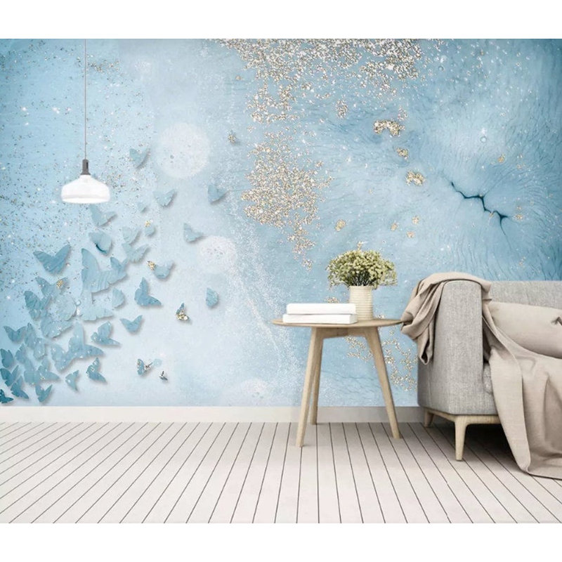 Papier peint aquarelle bleue avec étincelles et papillons, L 9 po x l 15 po