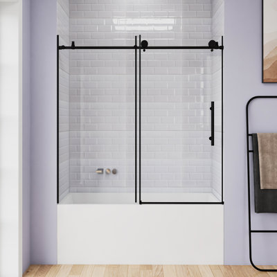 56-60 "W X 60" H Frameless Bathtub Shower Door | Single Sliding | 1/4 Inch Transparent Tempered Glass With Explosion Proof Film | Stainless Steel Handle | Matte Black