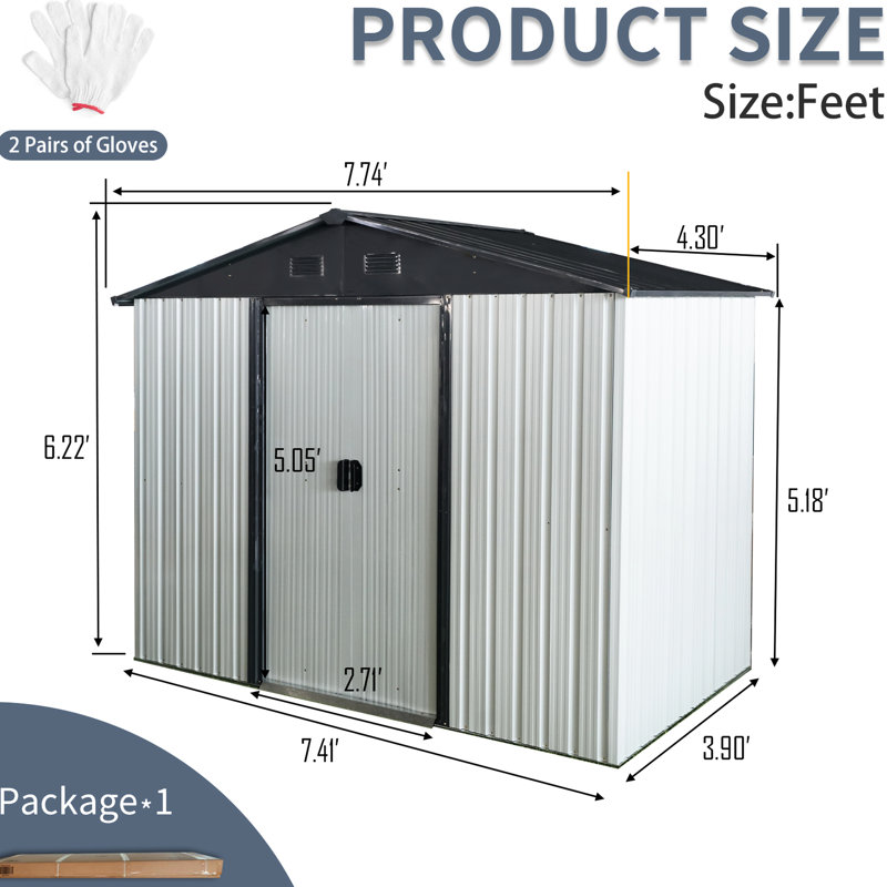 Remise de rangement extérieure en métal 8 pi x 4 pi - blanc et noir. Cadre en fer galvanisé. Spacieux pour l'équipement. Porte verrouillable à toit incliné. Intérieur ventilé. Comprend la base, les ancrages, les crochets, la tablette et la serrure