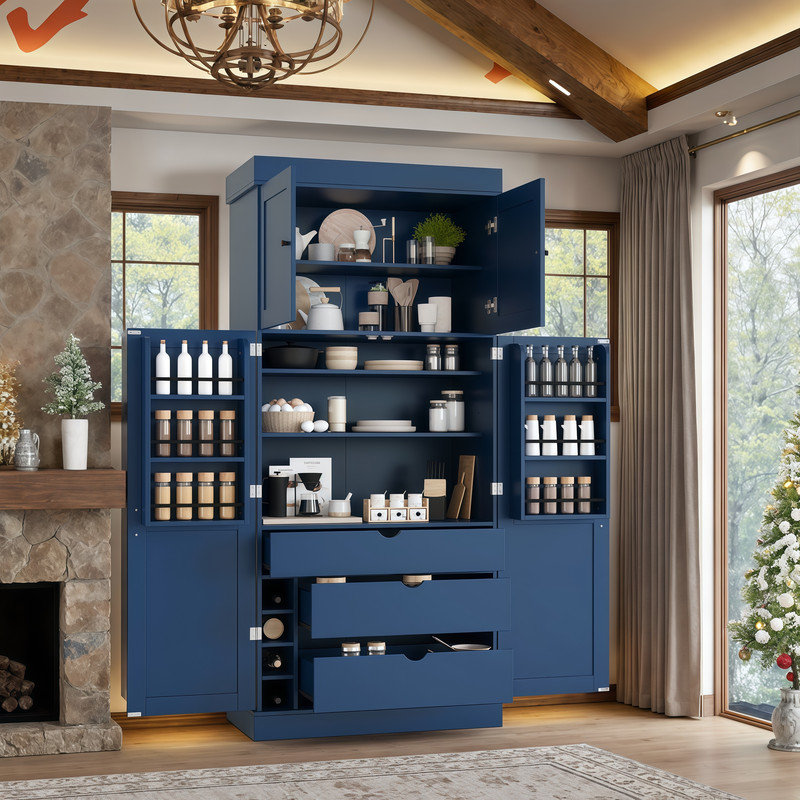 Très grand garde-manger autoportant de style shaker avec porte-bouteilles, Bleu