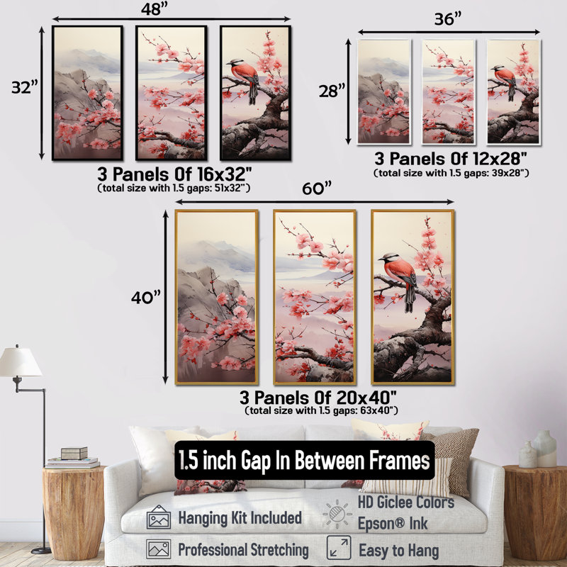 Oiseaux roses et bleus sur un arbre en fleurs de cerisier I - oiseau, art mural, Cadre flottant noir, H 40 po x l 61 po