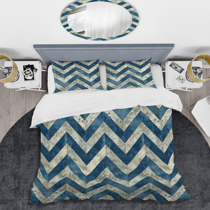 Ensemble de housse de couette à chevrons bleu et beige Charm I, Housse de couette très grand + 2 taies décorativ
