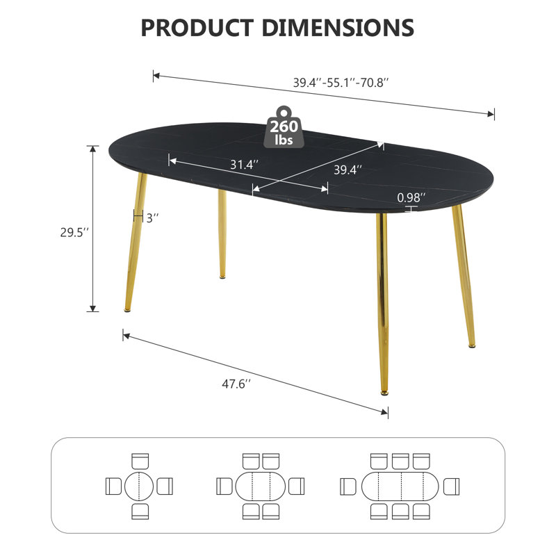 Table de salle à manger extensible 4-6 places, Noir, Doré, H 29,5 po x L 70,8 po x l 39,4 po