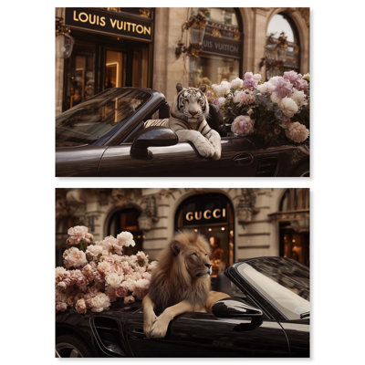 Ensemble de photographies de mode sur toile encadrée « Animaux des magasins dorés » par Art Remedy, cadre argenté, 54 x 36