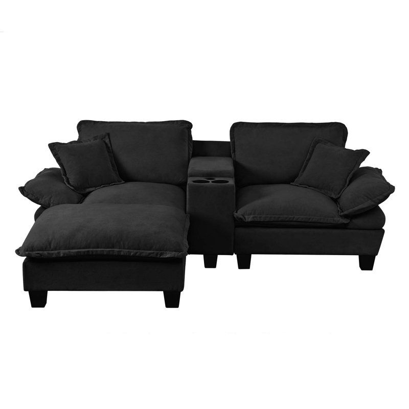 Canapé en L en forme de voilier avec ports USB et repose-pieds amovible, Noir