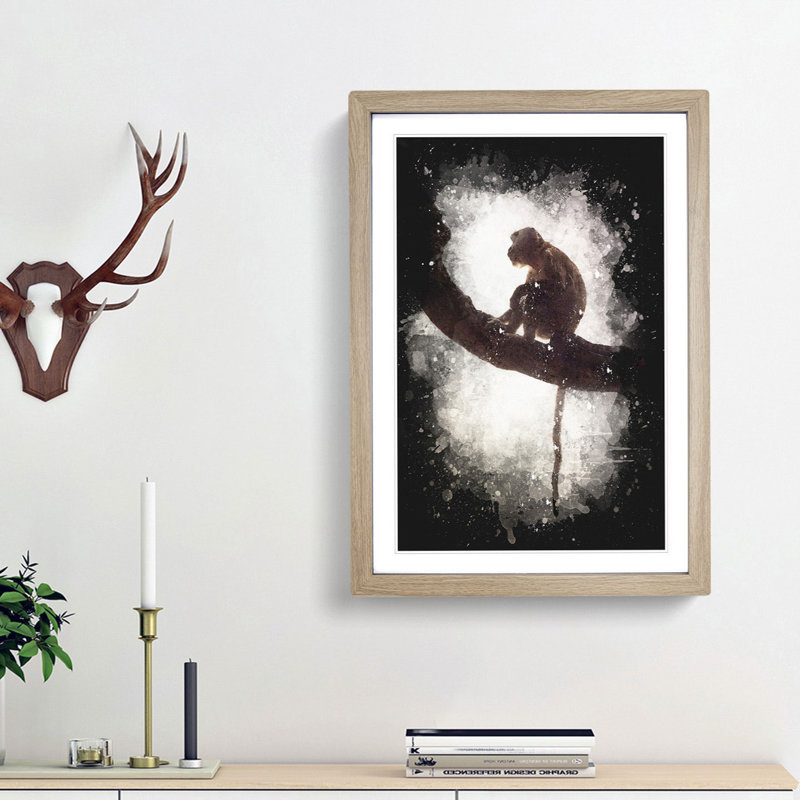 Long-Tailed Macaque Monkey Paint Splash - Picture Frame Graphic Art, 63cm H x 45cm W x 2cm D, Oak Framed
