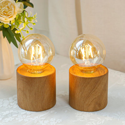 Set of 2 Wood Grain Table Lamp Cordless Lamp