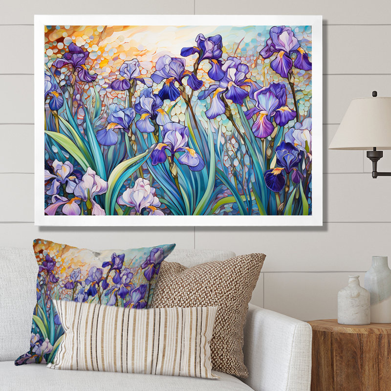 Iris bleu rayonnant au bord du lac I - salon d'art mural champ de fleurs, H 24 po x l 32 po x P 1 po, Cadre simple blanc