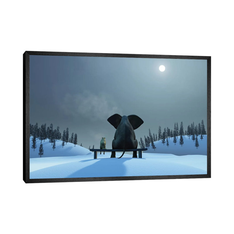 Elephant And Dog At Christmas Night by Mike Kiev - Print on Canvas, Black Framed Canvas, 66.04 cm H x 45.72 cm W